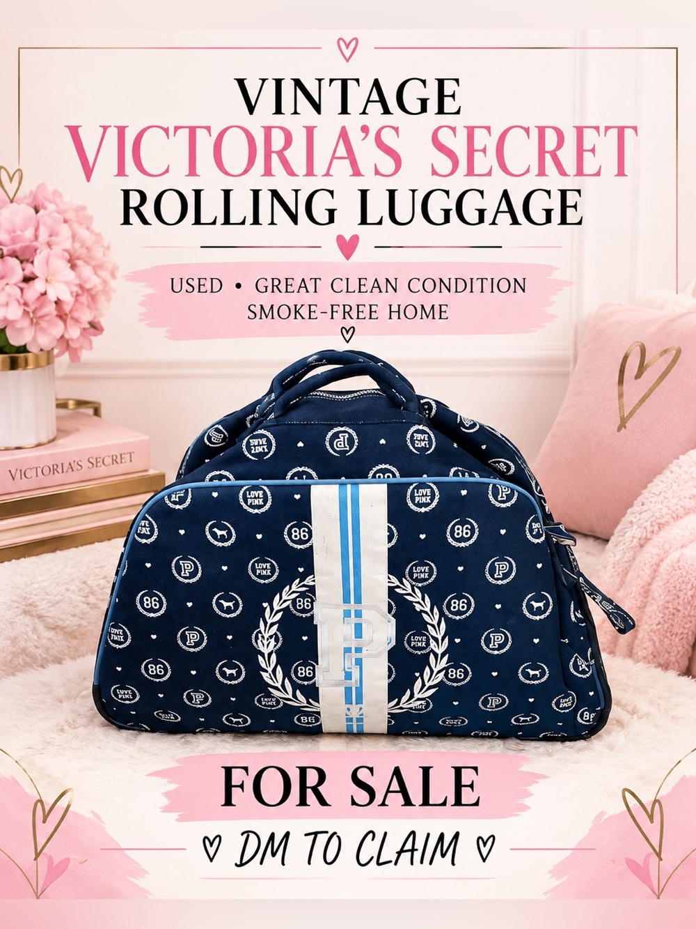 Victoria's Secret Navy & White Rolling Travel Duffel